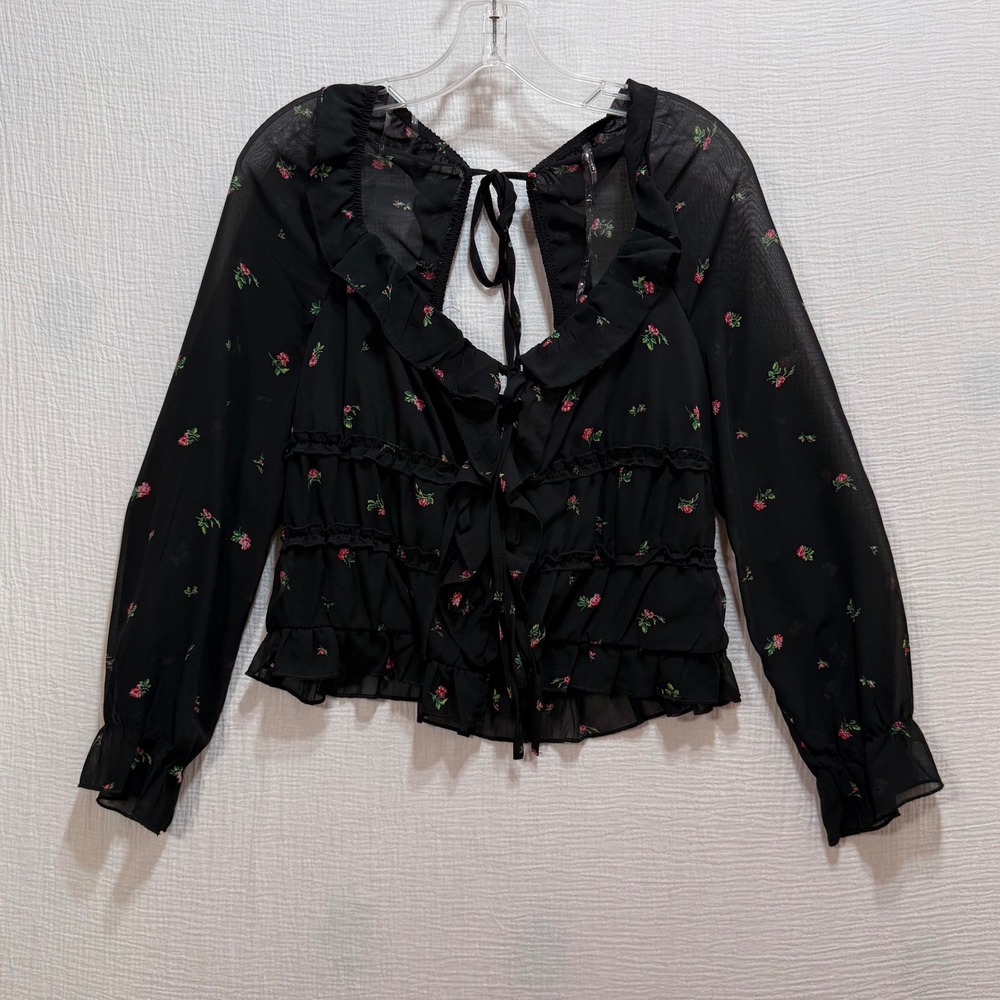 Tinsel Town Floral Ruffle Blouse Womens XL Black Sheer Tie Front Open‎ Back Goth